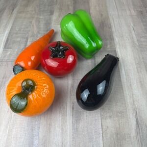 Vintage Hand Blown Glass Vegetables Carrot Egg Plant Pepper Tomato Orange Murano